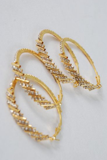 Earrings Hoop Gold Rhinestone / PC Gold , Post , Size - 1.75" Wide , Earring Card & OPP Bag & UPC Code 