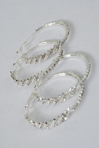 Earrings Hoop Rhinestones / PC  Post , Size - 1.75" Wide , Earring Card & OPP Bag & UPC Code , Choose Gold Or Silver Finishes 