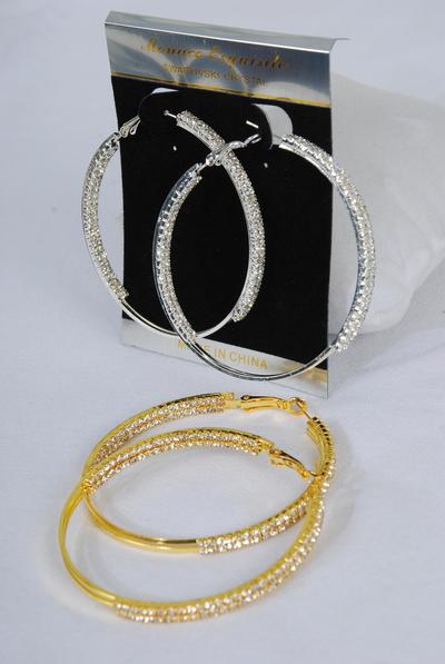 Earring Boutique Hoop Rhinestone / PC Post , Size - 2.25" Wide , Choose Gold or Silver Finish , Black Velvet Earring Card & OPP bag & UPC Code 