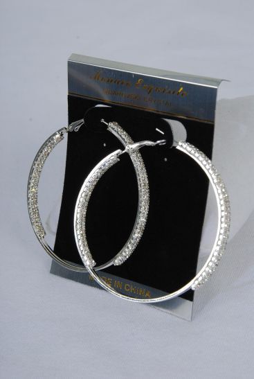 Earring Hoop Silver Rhinestone / PC Silver , Post , Size - 2.25" Wide , Black Velvet Earring Card & OPP Bag & UPC Code 