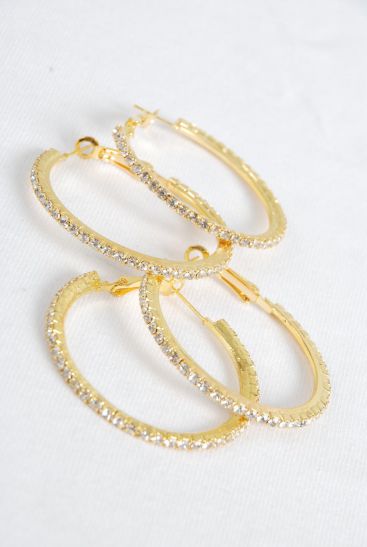 Earrings Hoop Rhinestones Gold Post / PC  Gold , Post , Size - 1.5" Wide , Earring Card & OPP Bag & UPC Code , Choose Gold or Silver Finish