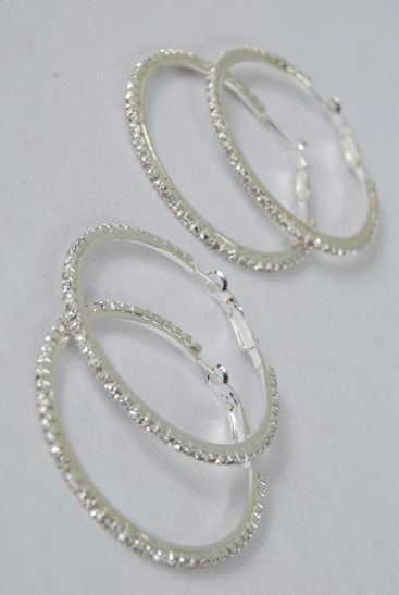 Earrings Hoop Rhinestones Silver Post / PC  Silver , Post , Size - 1.75" Wide , Black Velvet Earring Card & OPP Bag & UPC Code 