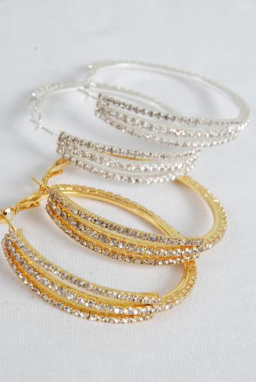 Earring Boutique Loop Rhinestones / PC Post , Size - 1.75" Wide , Earring card & OPP Bag & UPC Code , Choose Gold Or Silver Finishes 