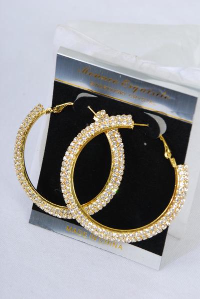 Earrings Boutique Double Row Rhinestone / PC Post , Size-1.5" Wide , Earring Card & OPP Bag & UPC Code,  Choose Gold Or Silver Finishes