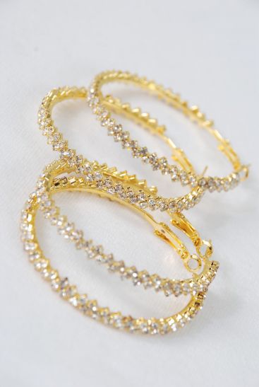 Earrings Hoop Gold Rhinestones / PC Gold , Post , Size - 2" Wide , Earring Card & OPP Bag & UPC Code 