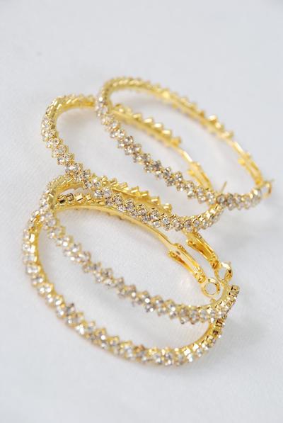 Earrings Hoop Rhinestones / PC  Post , Size - 2" Wide , Earring Card & OPP Bag & UPC Code , Choose Gold Or Silver Finishes  