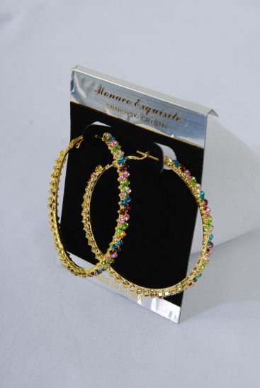 Earrings Hoop Gold Color Rhinestones / PC Gold , Post , Size - 2.25" Wide , Velvet Earring Card & OPP Bag & UPC Code 