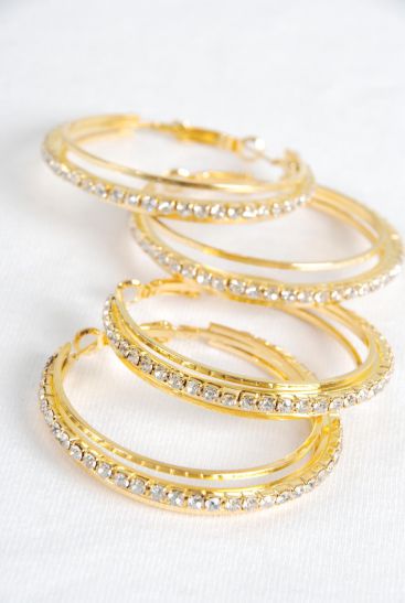 Earrings Hoop Gold Rhinestone / PC Gold , Size - 1.5" Wide , Earring Card & OPP bag & UPC Code 