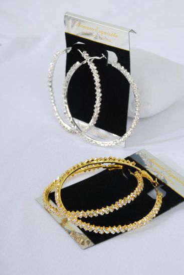 Earrings Hoop Rhinestones / PC  Post , Size - 2.5" Wide , Earring Card & OPP Bag & UPC Code , Choose Gold Or Silver Finishes 