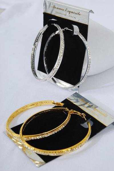 Earrings Hoop Rhinestones / PC  Size - 2.5" Wide , Earring Card & OPP bag & UPC Code , Choose Gold Or Silver Finishes   