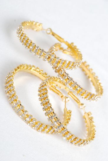 Earrings Hoop Gold Rhinestone / PC Gold , Post , Size - 2.25" Wide , Earring Card & OPP bag & UPC Code 