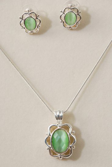 Necklace Sets Silver Snake Chain W Cateye Oval Pendant Lime Green/Sets **Lime** Pendant Size-0.75"x1.25" Wide,24" Chain,Display Card & Opp Bag & UPC Code