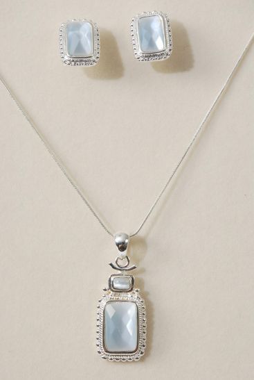 Necklace Sets Silver Snake chain Cat Eye Oblong Pendant Gray/Sets **Gray** Post,Pendant Size-1.5"x 0.75" Wide,20" Chain,Display Card & Opp bag & UPC Code