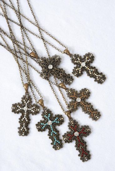 Necklace Cross Filigree Antique Rhinestone Cross / 12 pcs = Dozen Cross Size - 2" x 1.5" Wide , 24" Chain , Hang Tag & OPP Bag , Choose Colors