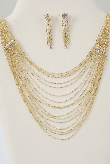 Necklace Sets Strand Mesh Gold With Rhinestones / Sets  Post , 18" Long W Extension Chain , Velvet Display Card & OPP bag & UPC Code 