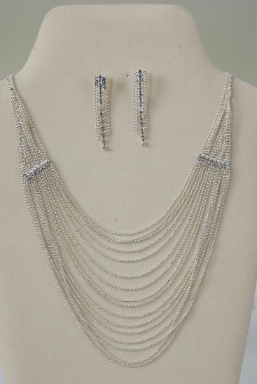 Necklace Sets Strand Mesh Silver With Rhinestones / Sets Silver , Post , 18" w Extension Chain , Black Velvet Display Card & OPP Bag & UPC Code 