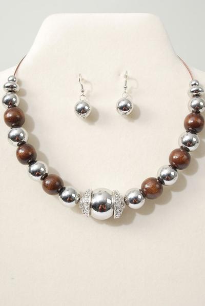 Necklace Sets Choker 18 mm Wooden Beads Brown / Sets Flexable , Earring -Fish Hook , Size - 16" Wide , Hangtag & Opp Bag & UPC Code