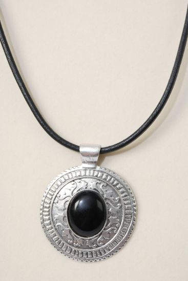 Necklace Black Real Leather Cord Real Semiprecious Stone Pendant Black / PC Black , Pendant Size - 2.75" Wide , 20" Long ,E xtension Chain , Hang Tag & Opp Bag & UPC Code