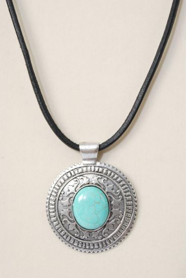 Necklace Black Real Leather Cord Real Semiprecious Stone Pendant Blue / PC Blue Turquoise , Pendant Size - 2.75" Wide , 20" Long , Extension Chain , Hang tag & Opp Bag & UPC Code