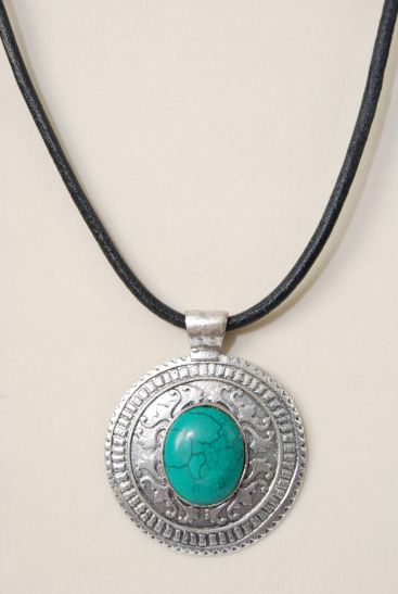 Necklace Black Real Leather Cord Real Semiprecious Stone Pendant Green / PC  Green Turquoise , Pendant Size - 2.75" Wide , 20" Long Extenstion Chain , Hang Tag & Opp Bag & UPC Code