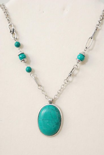 Necklace fancy Chain Real Semiprecious Stone Pendant Green Turquoise / PC  Green Turquoise , Pendant Size - 1.75" x 1.25" Wide , 30" Long Display Card & OPP Bag & UPC Code 