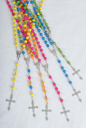 Necklace 6 mm Wooden Beads Crucifix Mother Virgin Mary Rosary Multi / 12 pcs = Dozen 32" Long , 2 Multi , 2 Fuchsia , 2 Blue , 2 Green , 2 Orange , 2 Yellow Color Asst , Hang Tag & OPP Bag & UPC Code