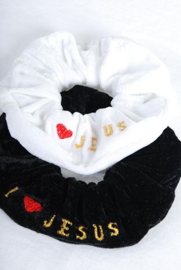 Scrunchies Velvet Embroidery Jesus Stretch / 12 pcs = Dozen Jesus , Stretch , Size- 6" x 2" Dia Wide ,W OPP Bag