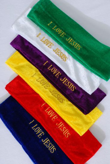 Headband Velvet Embroidery Stretch I Love Jesus Multi / 12 pcs = Dozen I love Jesus , Stretch , Width - 2.5" Wide , Choose Multi or Black White Mix , Individual OPP bag