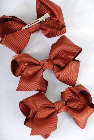 Hair Bow Large Brown Grosgrain Bow-tie /  12 pcs Bow = Dozen  Brown - Alligator Clip , Size - 4" x 3" Wide , Clip Strip