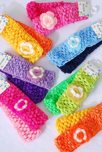 Ballerina Headband 24 pcs Icelandic Crochet Flower Stretch / 12 card = Dozen Ballerina-1.5", Flower-2.5 Wide, 1 Fuchsia, 2 Pink, 2 Yellow, 2 Blue, 2 Purple, 1 Lime, 2 Orange Mix, Hang Tag & UPC Code, 2 pcs pr card,12 card= DZ