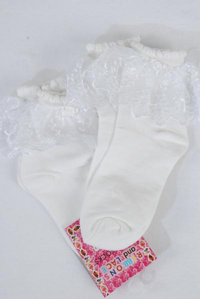 Socks Girls Lace Socks W Spandex White Midum / 12 pair = Doze White , Size - Medium , Good Quality , w Display Card