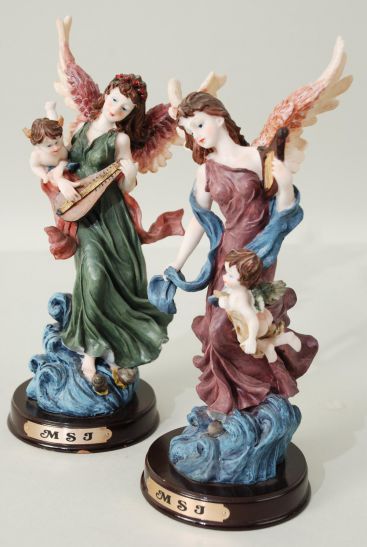 Figurine Angel White Wooden Base / Case Case Mix , Size - 9.5" x 4.5" x 4.5" Wide , 6 Green Angel , 6 Burgundy Angel Color Mix , Color Gift Box & UPC Code 