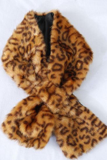 Scarf Womens Plush Faux Fur Scarf  Large Leopard Pattern / PC Large Leopard Pattern , Size - 36" x 5.5" Wide , OPP Bag