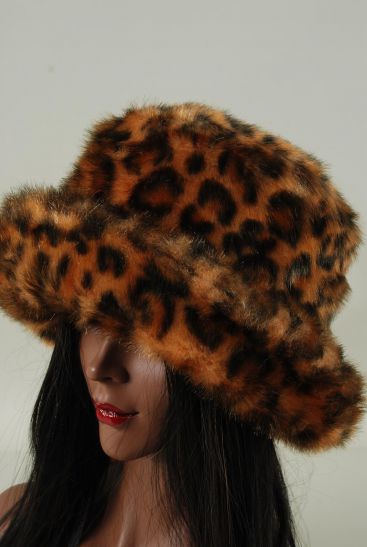 Hat Womens Leopard Plush Faux Fur Roll Up Bucket Hat / PC  Black Leopard , Opp Bag & UPC Code