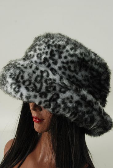 Hat Womens Grey Leopard Plush Faux Fur Roll Up Bucket Hat / PC  Grey Leopard , Opp Bag & UPC Code