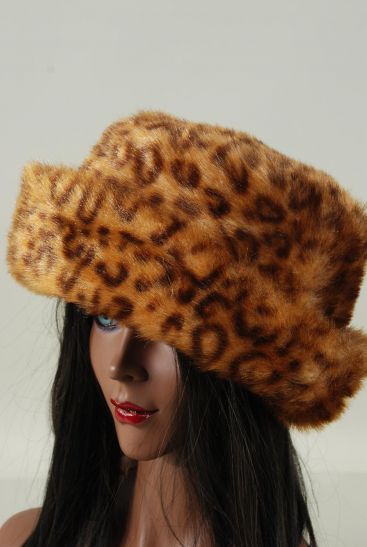 Hat Womens Large Leopard Pattern Plush Faux Fur Roll Up Bucket Hat / PC Large Leopard Pattern , OPP Bag & UPC Code