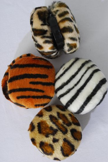 Earmuffs Animal Pattern Asst / 12 pcs = Dozen 6 Brown Leopard, 2 Camel Leopard, 2 Brown Tiger, 2 White Tiger Color Asst, W OPP Bag