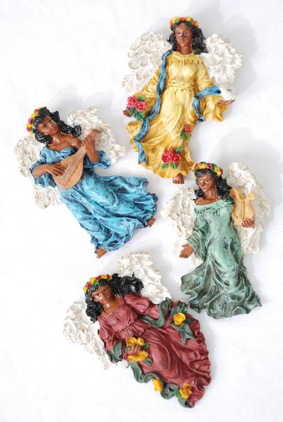 Figurine Angel Magnet Black Angel Color Dress / 12 pcs Angel = Dozen Angel , Size - 2.75" x 4" Wide , 3 Of Each Pattern Asst , Disply Box