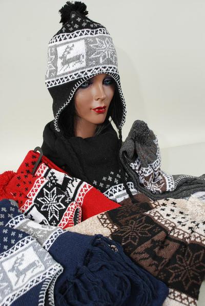 Hat Winter Knit Scarf Hat Sets Fleece Inside Snowflake Deer / Sets  Scarf Size - 64" x 8" Wide , OPP bag & UPC Code , Choose Colors