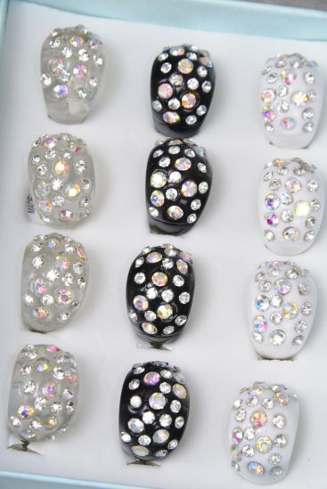 Rings Acrylic Dome Rhinestones Black Clear White Mix / 12 pcs = Dozen Size - 7  8  9 Pr Mix , 4 Black , 4 White , 4 Clear Mix , Ring Display Box & OPP Bag & UPC Code