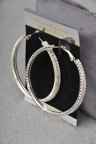 Earrings Hoop Double Row Rhinestones Silver / PC Silver , Post , Size - 2.25" Wide , Velvet Earring Card & OPP Bag & UPC Code 