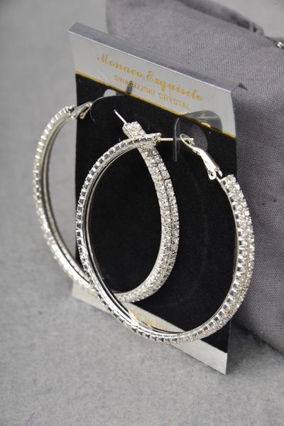 Earrings Hoop Double Row Rhinestones Silver / PC Post , Size - 2.25" Wide , Black Velvet Earring Card & OPP Bag & UPC Code 