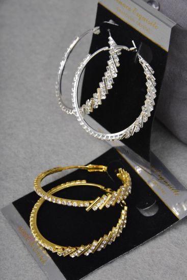 Earrings Hoop Rhinestones / PC  Post , Size - 1.75" Wide , Earring Card & OPP Bag & UPC Code , Choose Gold Or Silver Finishes 