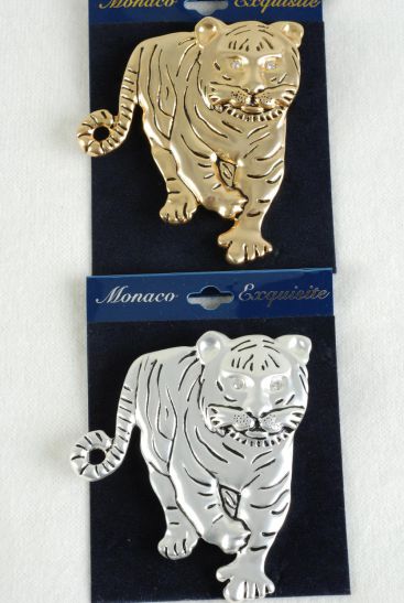 Brooch Tiger Pin Matte Finish / 12 pcs = Dozen Tiger , Size - 3" x 2.5" Wide , Display Card & OPP bag & UPC Code