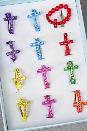 Rings Multi Cross Rhinestones Color  Bead Stretch / 12 pcs = Dozen Multi , Stretch , 2 Fuchsia , 2 Blue , 2 Purple , 2 Yellow , 2 Red , 1 Lime , 1 Orange Color Asst