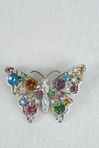 Brooch Butterfly Rhinestones / 12 pcs = Dozen Size - 1.75" x 1.25" Wide , Display Card & OPP Bag