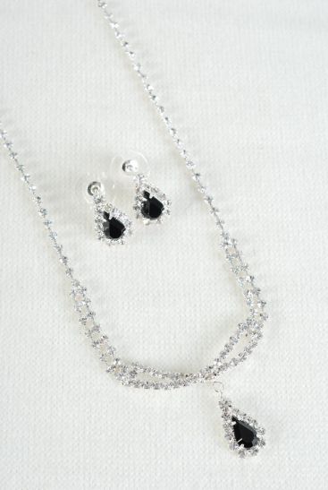 Necklace Sets Rhinestone Teardrop Black /Sets Black , Post , 18" w Extension Chain , Black Velvet Display Card & OPP Bag & UPC Code