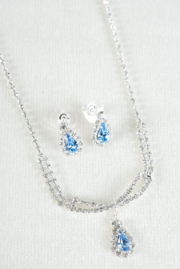 Necklace Sets Blue Rhinestone Teardrop / Sets Blue , Post, 18" w Extension Chain , Black Velvet Display Card & OPP Bag & UPC Code