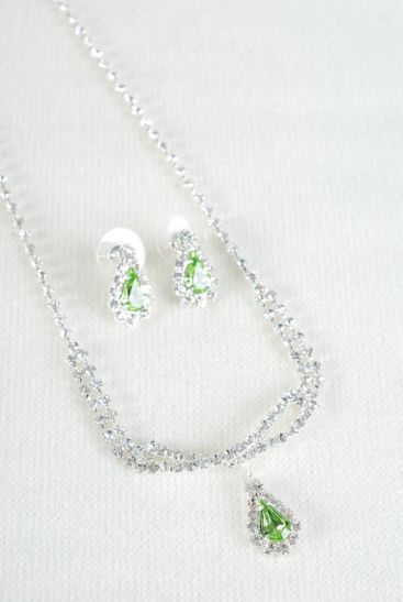 Necklace Sets Lime Rhinestone Teardrop / Sets Lime , Post , 18" w Extension Chain , Black Velvet Display Card & OPP Bag & UPC Code