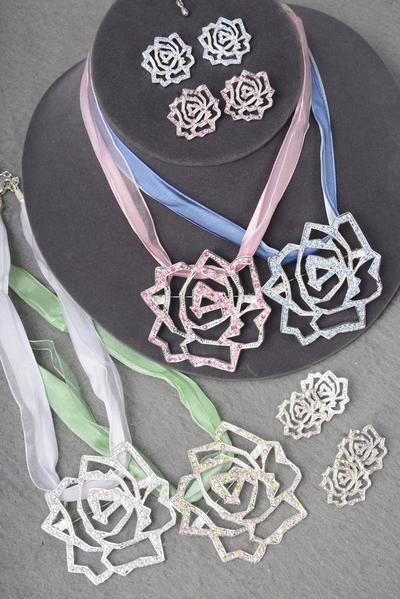 Necklace Sets Rose w Rhinestones / Sets Post , Rose - 2.5" Wide , Earring - 1" Wide , Display Card & OPP Bag & UPC Code , Choose Colors